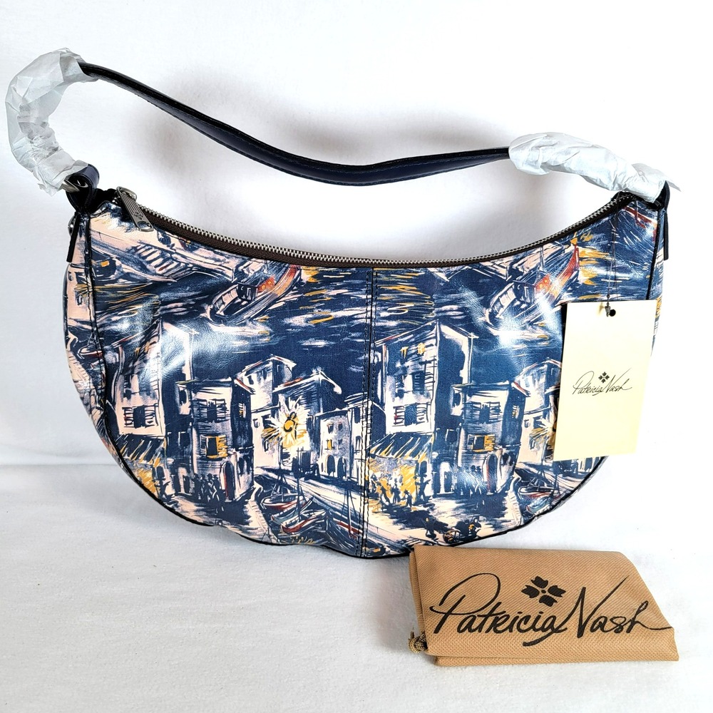 Patricia Nash Womens Eirene Hobo Leather Crescent Bag Harbor Nights Art Blue